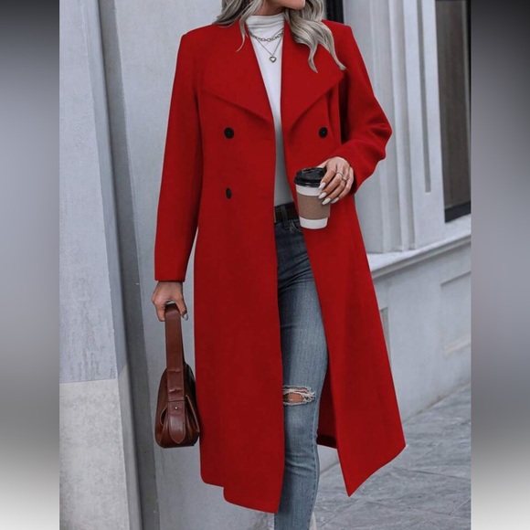 Elegant Red Double-Breasted Women's Coat